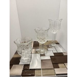 3 HOMCO Candle Holders Graduated 4 5 & 7” Tulip Diamond Scallop Ribbed Stemmed